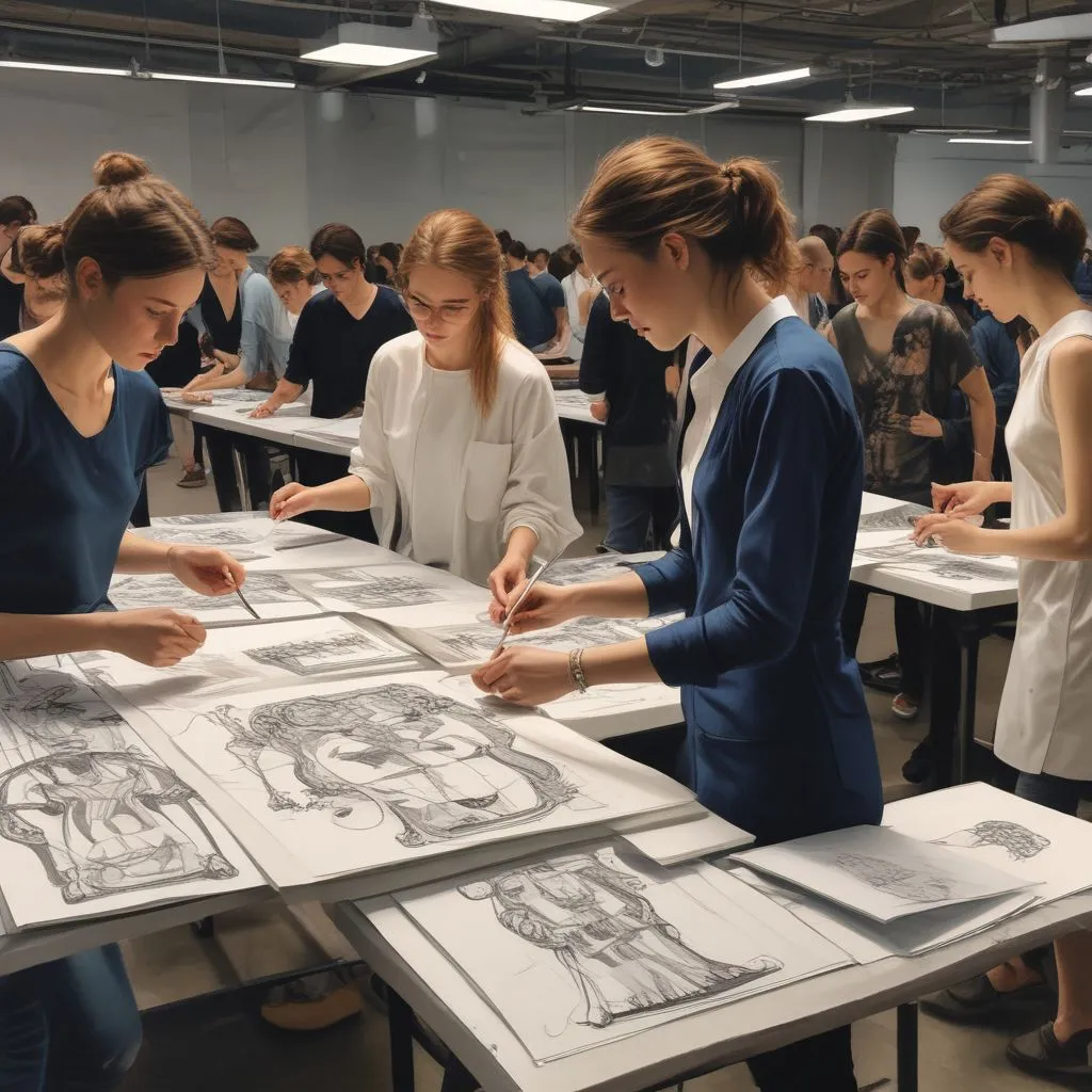Students working on a runway collection with mentors from a famous fashion brand, behind-the-scenes at a fashion show