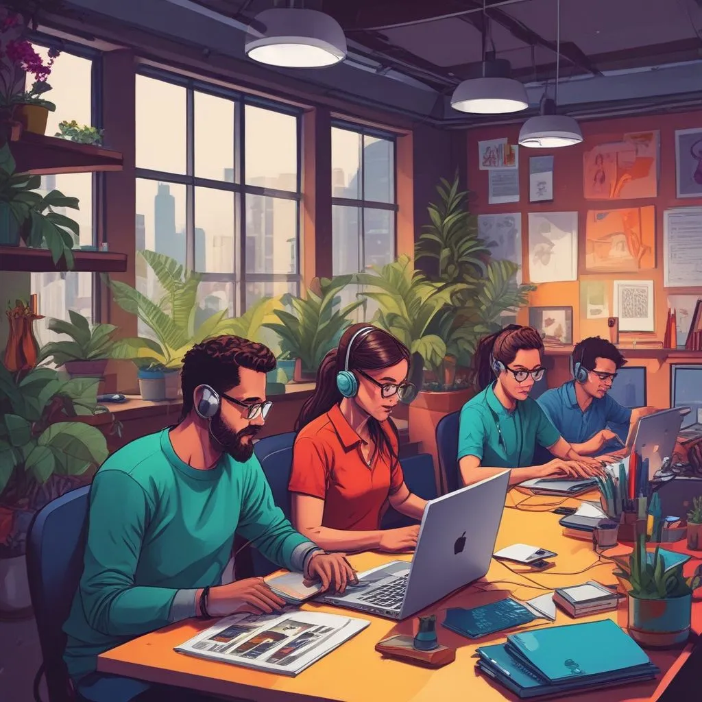 team members working on laptops in a vibrant office