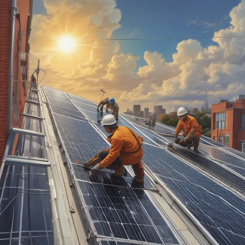 Technicians installing solar panels on a rooftop