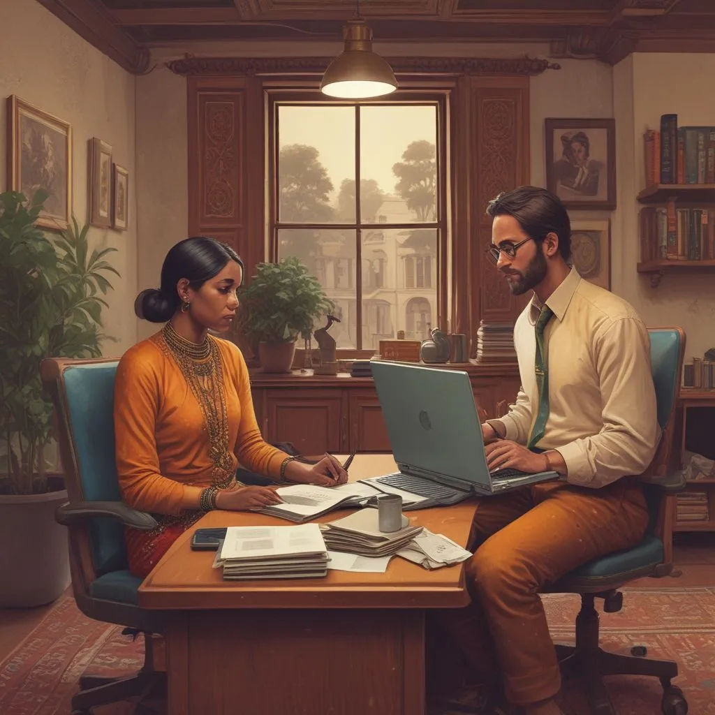 Two people in an Indian office setting having a calm conversation with a laptop between them