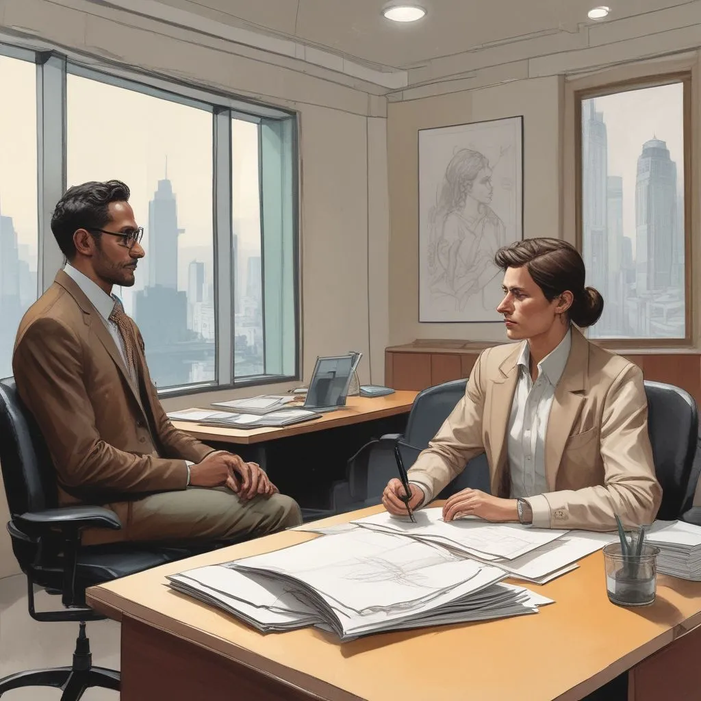 Two professionals having a calm conversation in a modern Indian office conference room, one holding a pen and paper
