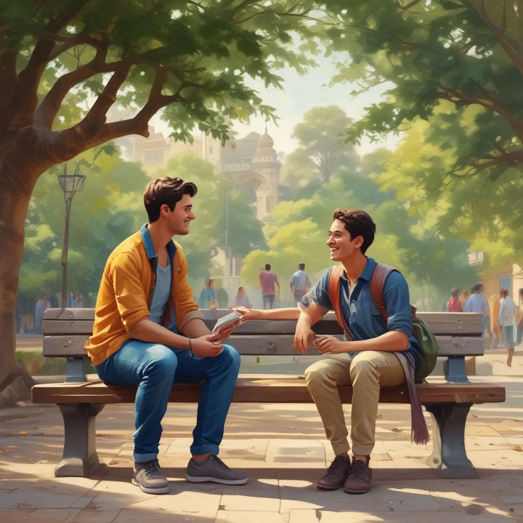Two students from different countries having a friendly conversation on a university campus bench in India