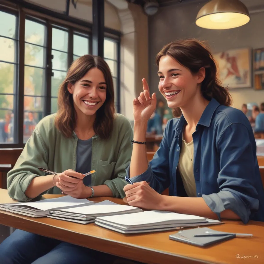 Two students from different countries using hand gestures and smiles to communicate in a campus cafe, with notebooks and pens visible