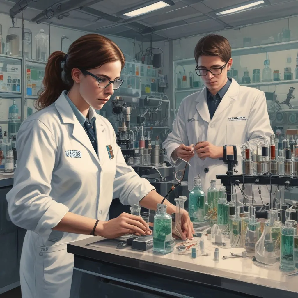 Two students in a lab: one in an engineering lab with bioreactors, another in a research lab with microscopes and pipettes