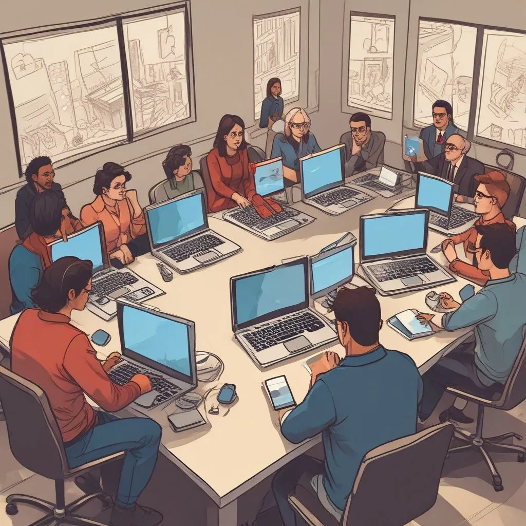 virtual team meeting on laptops