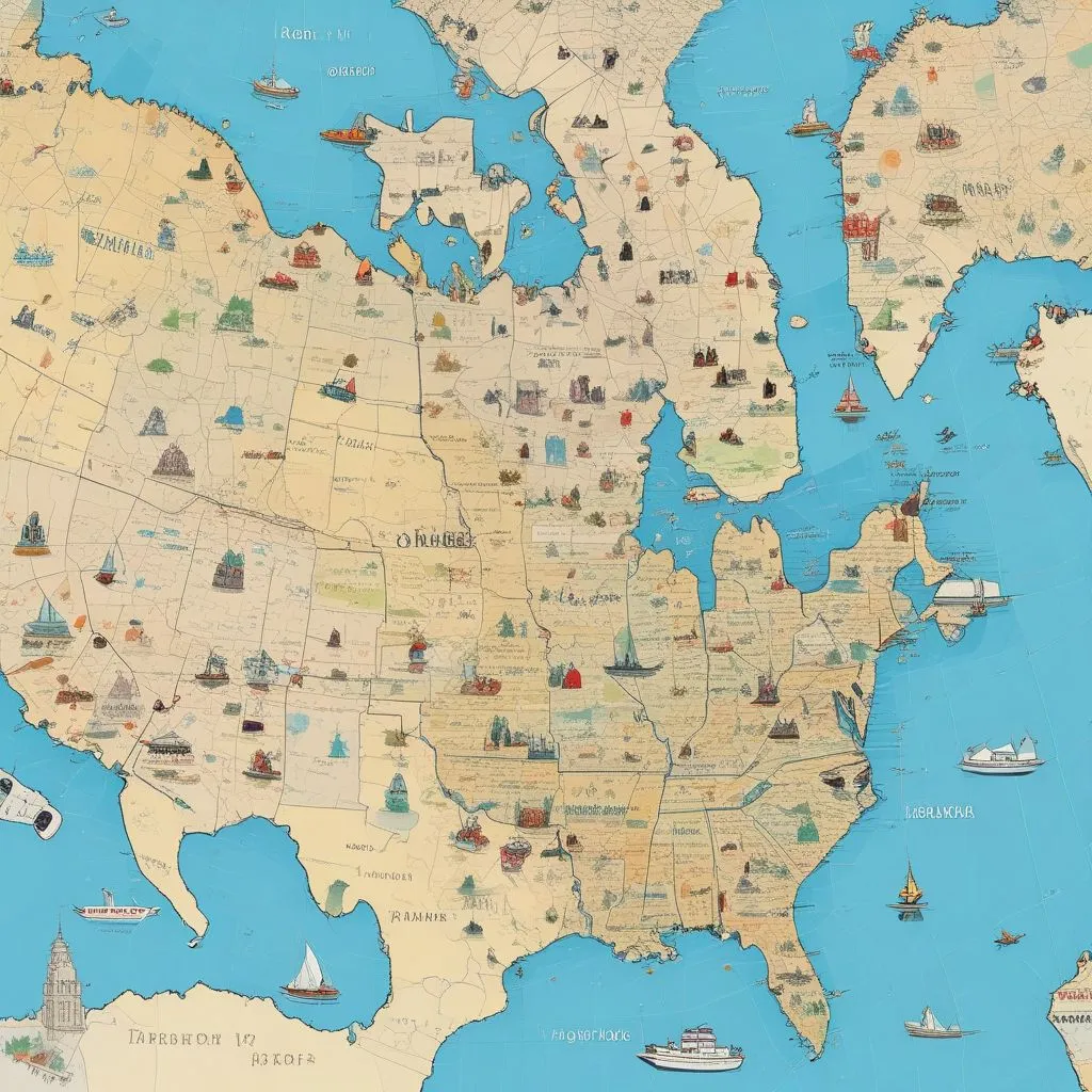 World map with pins on fashion capitals: Paris, Milan, New York, Tokyo, Mumbai, Seoul, with small fashion icons