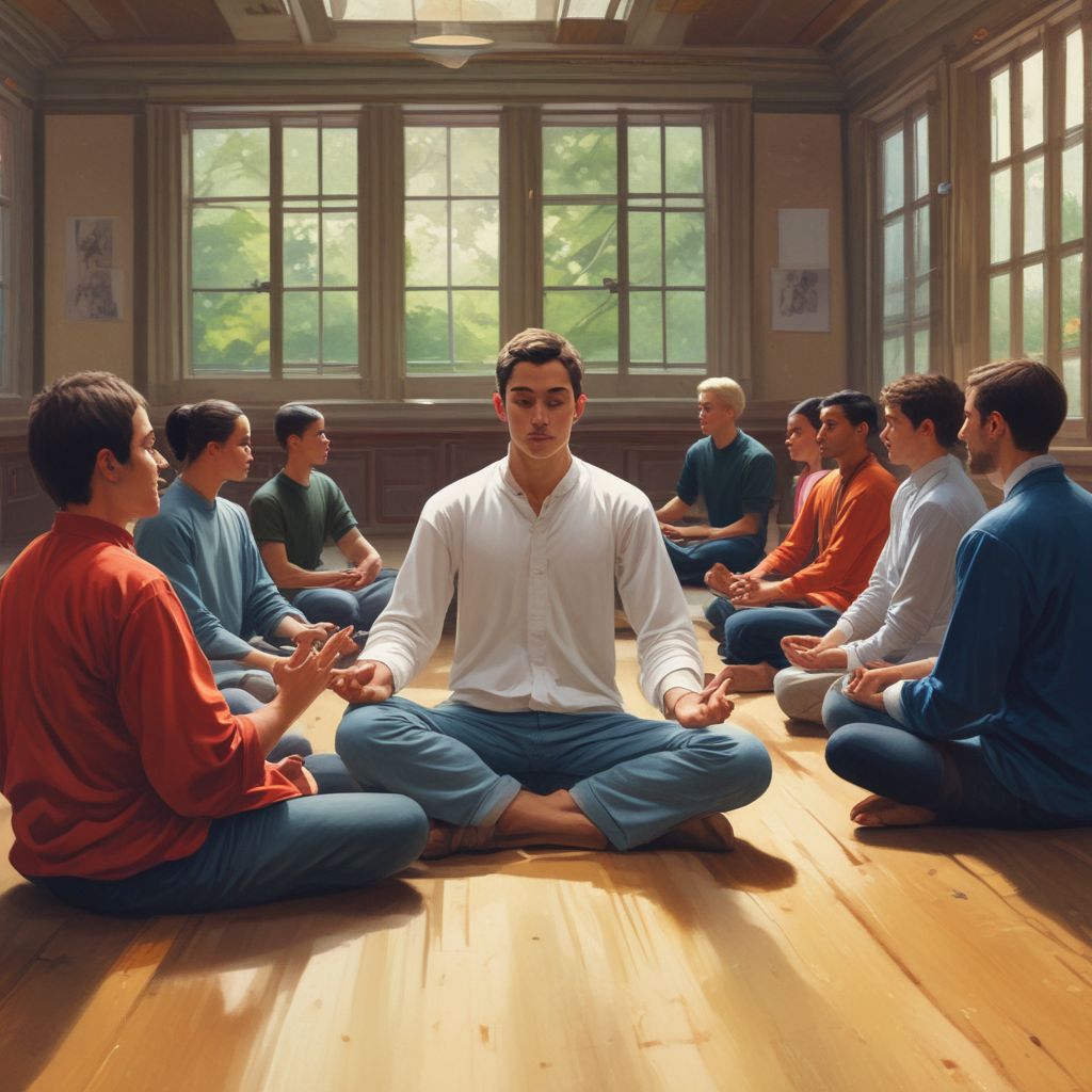 an image of a student meditating, a professional in a meeting, or a group participating in a workshop