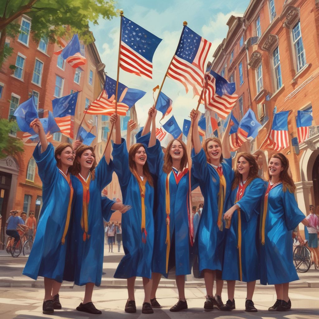 students celebrating their graduation while holding flags from their study abroad locations