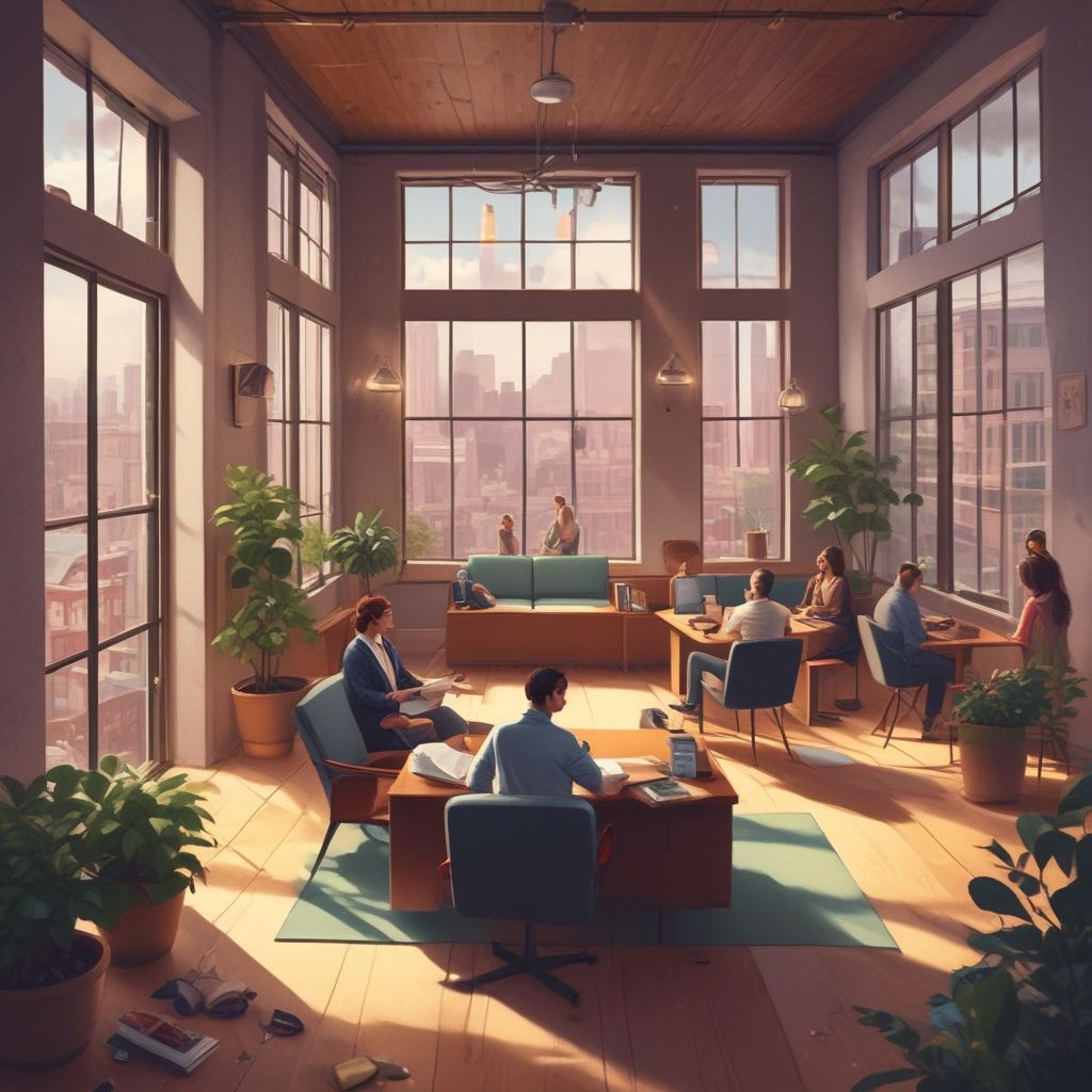 illustration of a balanced work-life environment with employees practicing wellness