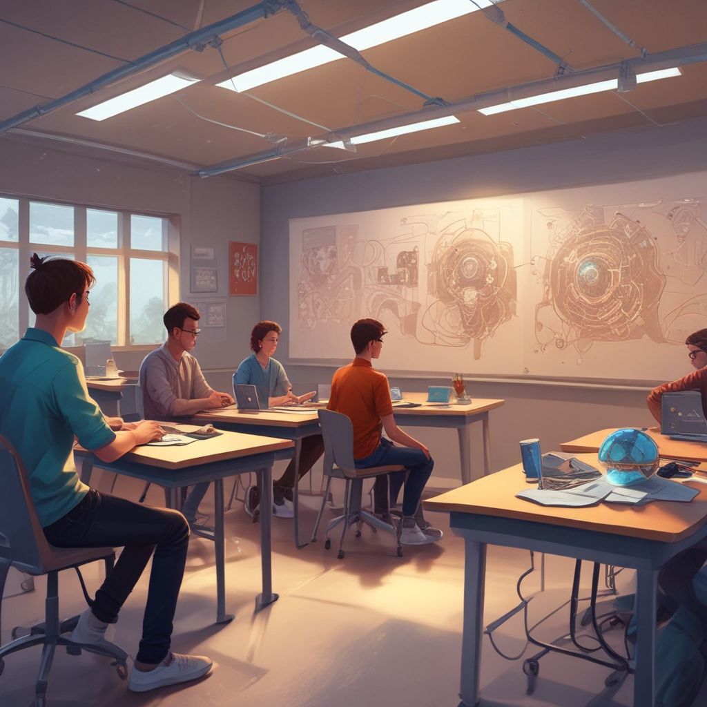 students using AI technology in a modern classroom