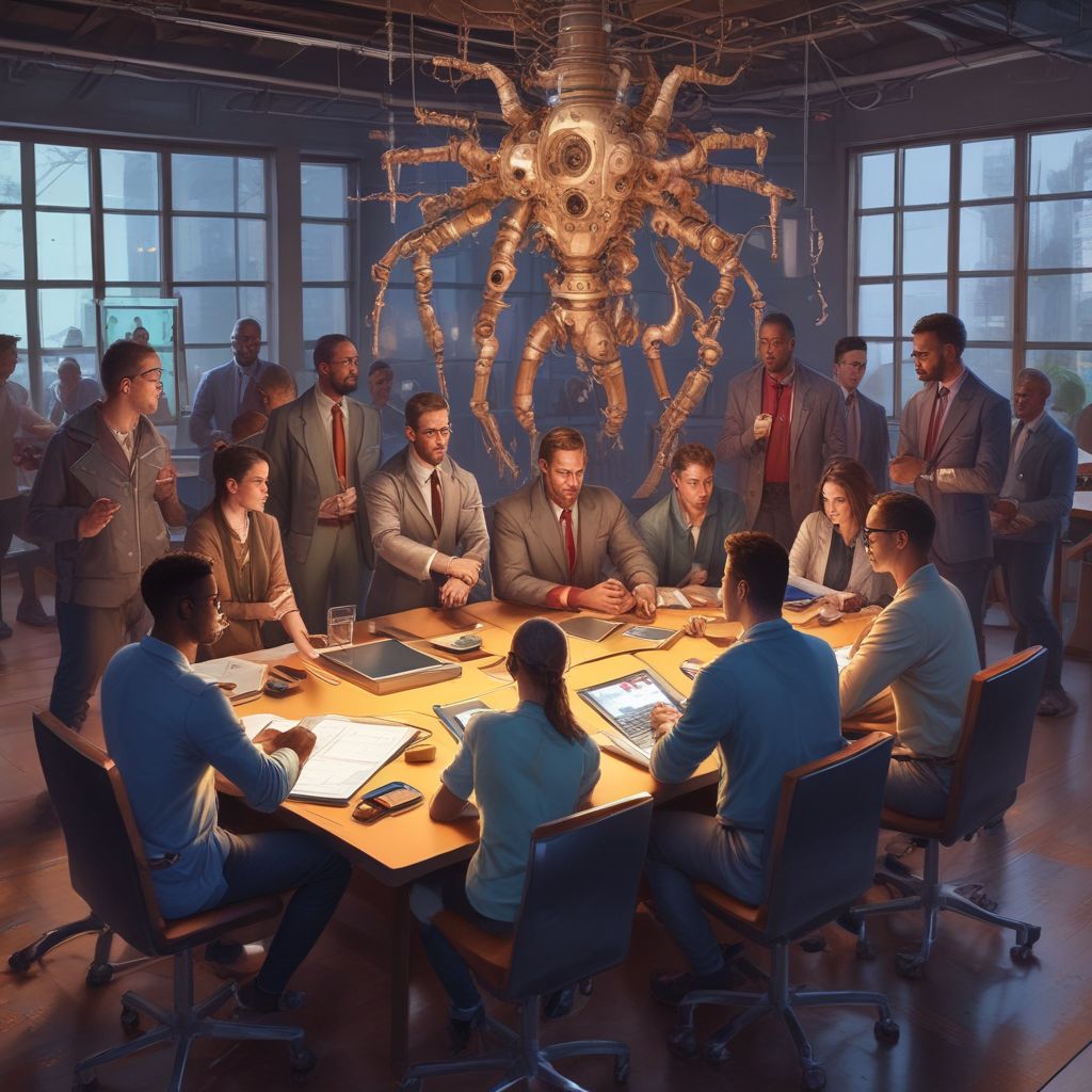 diverse group of professionals using AI tools in a collaborative setting