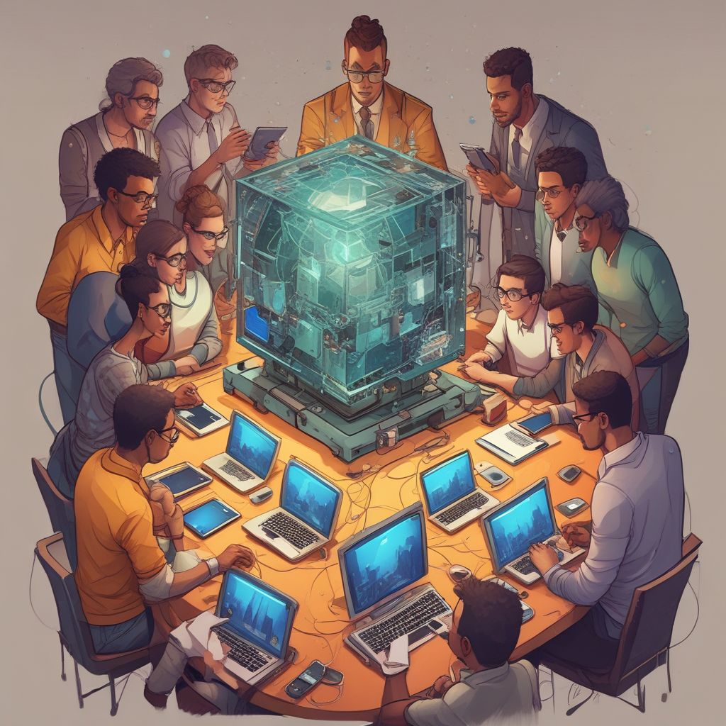 group of diverse professionals collaborating with technology