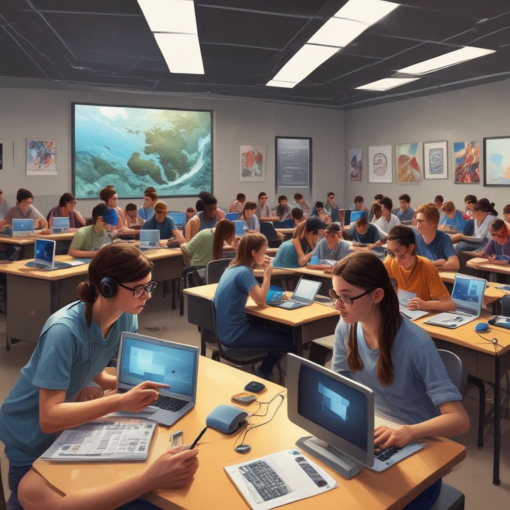 students collaborating with technology in a modern classroom