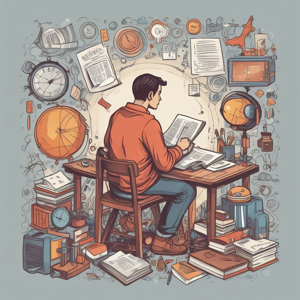 an image depicting a person studying with various learning tools and resources around, symbolizing the concept of lifelong learning