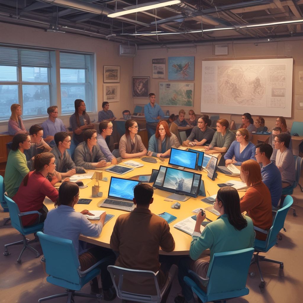 students collaborating with AI technology in a modern classroom